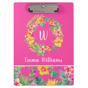 Tropische Blume Wreath Fuchsia Pink Monogramm Klemmbrett