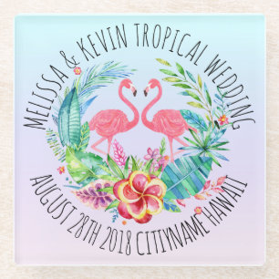 Tropische Blume Wreath & Pink Flamingos Glasuntersetzer