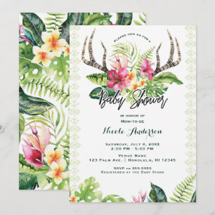 Tropische Blumen Boho Rustikaler Geweih-Baby-Party Einladung