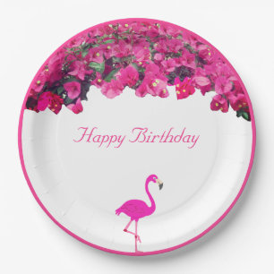 Tropische Blumen & Flamingo Geburtstag Pappteller