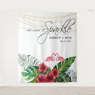 Tropische Blumen Flamingos Lichterkette Hochzeit Wandteppich