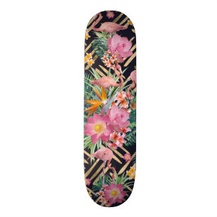 Tropische Blumen, Flamingos und goldene Striche Skateboard