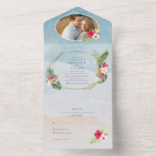 Tropische Blumen-Foto-Strandhochzeit All In One Einladung