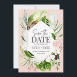 tropische Blumen in Rosa, aquamarin und orchid Save The Date<br><div class="desc">Rosa,  aquamarin und orchid tropisches Design. Schöner moderner Skripttext. Teil einer Sammlung.</div>