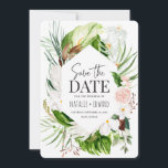 tropische Blumen in Rosa, aquamarin und orchid Save The Date<br><div class="desc">Rosa,  aquamarin und orchid tropisches Design. Schöner moderner Skripttext. Teil einer Sammlung.</div>