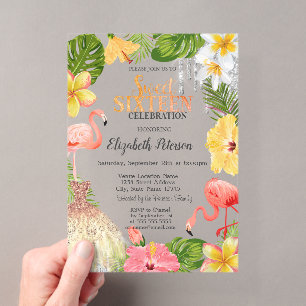 Tropische Blumen Palm Flamingos Kleid Sweet 16 Acryleinladungen