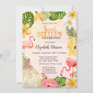 Tropische Blumen Palmen Flamingos Kleid Sweet 16 Einladung