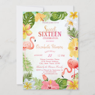 Tropische Blumen Palmen Flamingos Sweet 16 Party Einladung