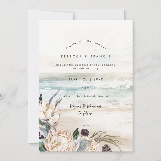 Tropische Blumen Protea Hochzeit am Strand Einladung (Vorderseite)
