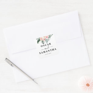 Tropische Blumen & rosa Flamingo-Schönheit Quadratischer Aufkleber