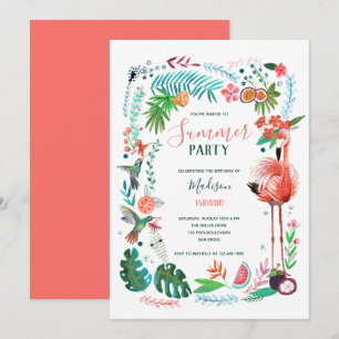 Tropische Blumen Sommer Flamingo Party  Einladung