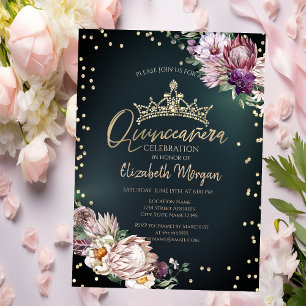 Tropische Blumen Tiara Diamanten Grün Quinceañera Einladung