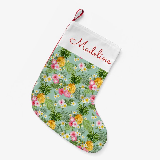 Tropische Blumen u. Ananas | addieren Ihren Namen Kleiner Weihnachtsstrumpf (Vorderansicht (hängend))