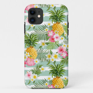 Tropische Blumen u. Ananas auf aquamarinen iPhone 11 Hülle