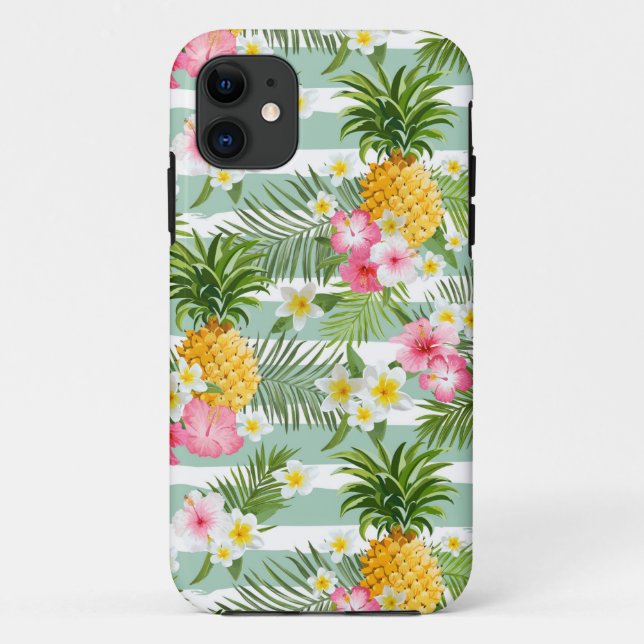 Tropische Blumen u. Ananas auf aquamarinen Case-Mate iPhone Hülle (Rückseite)