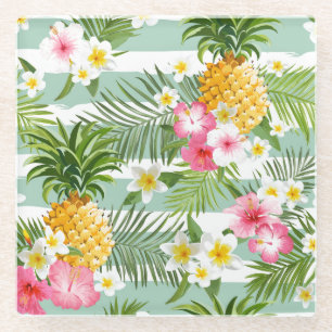 Tropische Blumen u. Ananas auf aquamarinen Glasuntersetzer