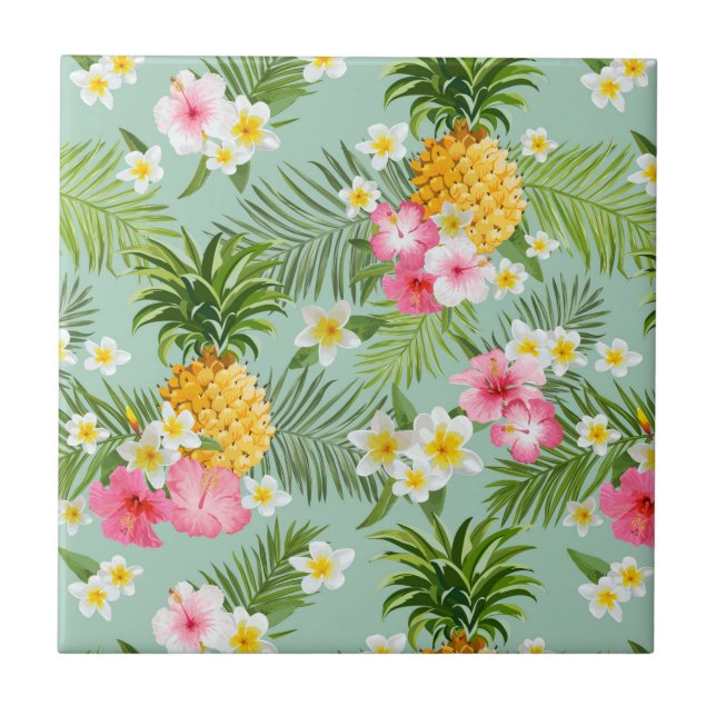 Tropische Blumen u. Ananas Fliese (Vorderseite)