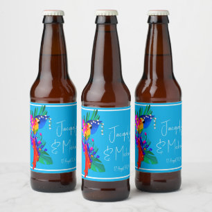 Tropische Blumen und bunter Papagei Bierflaschenetikett