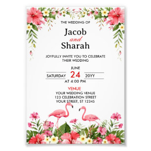 Tropische Blumen und Flamingos Hochzeitsvorlage Fotodruck