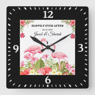 Tropische Blumen und Flamingos Hochzeitsvorlage Quadratische Wanduhr
