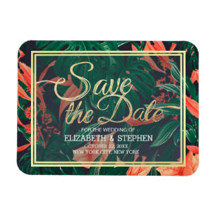 Tropische Blumen- und Goldrahmen-Hochzeit retten d Magnet