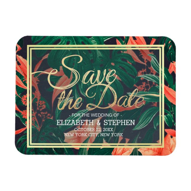 Tropische Blumen- und Goldrahmen-Hochzeit retten d Magnet (Horizontal)
