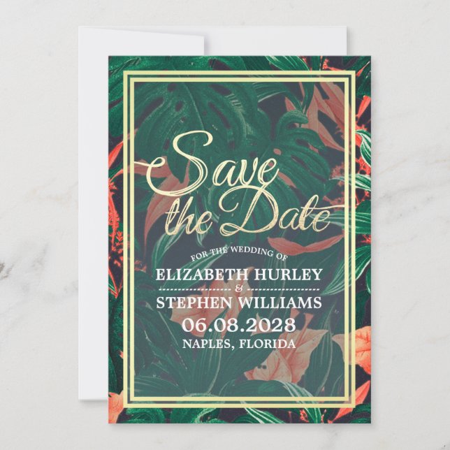 Tropische Blumen- und Goldrahmen-Hochzeit retten d Save The Date (Vorderseite)