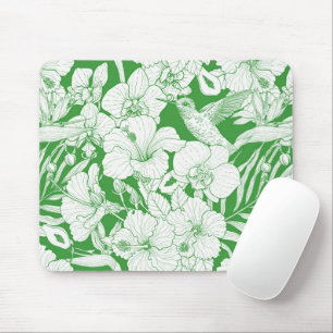 Tropische Blumen und Kolibri in Grün und Creme  Mousepad
