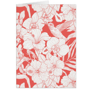 Tropische Blumen und Kolibri in Korallenrot und We