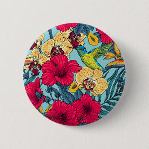Tropische Blumen und Kolibri - Sommer Botanica Button