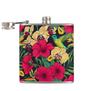 Tropische Blumen und Kolibri - Sommer Botanica Flachmann