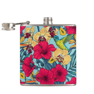 Tropische Blumen und Kolibri - Sommer Botanica Flachmann