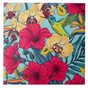 Tropische Blumen und Kolibri - Sommer Botanica Fliese