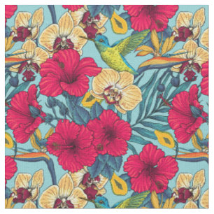 Tropische Blumen und Kolibri - Sommer Botanica Stoff