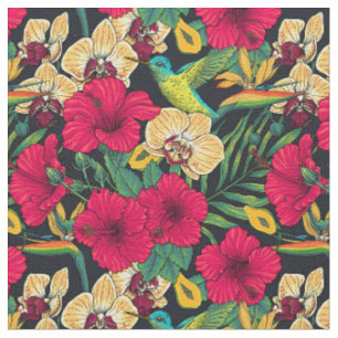 Tropische Blumen und Kolibri - Sommer Botanica Stoff