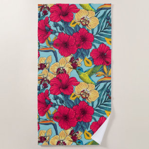 Tropische Blumen und Kolibri - Sommer Botanica Strandtuch