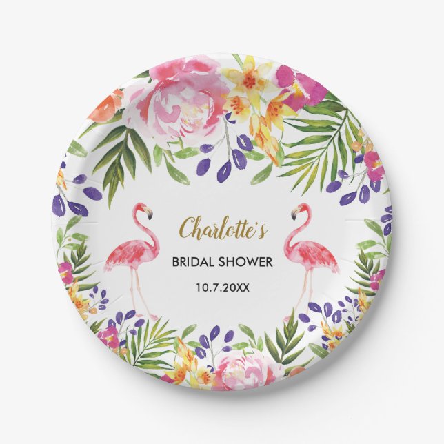 Tropische Blumenflamingo-Sommer-Blumen 7" Platte Pappteller (Vorderseite)