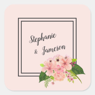 Tropische Blumenhochzeit Grosses Rosa & Peach Quadratischer Aufkleber