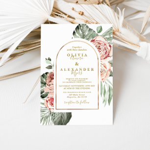 Tropische Blumenrosen und Palmenblätter Hochzeit Einladung