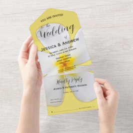 Tropische Blüte, weiße Plumeria auf Gelb, Hochzeit All In One Einladung