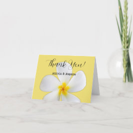 Tropische Blüte, weiße Plumeria auf Gelb, Hochzeit Dankeskarte