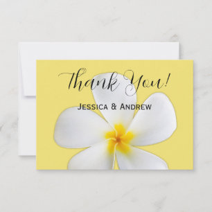 Tropische Blüte, weiße Plumeria auf Gelb, Hochzeit Dankeskarte