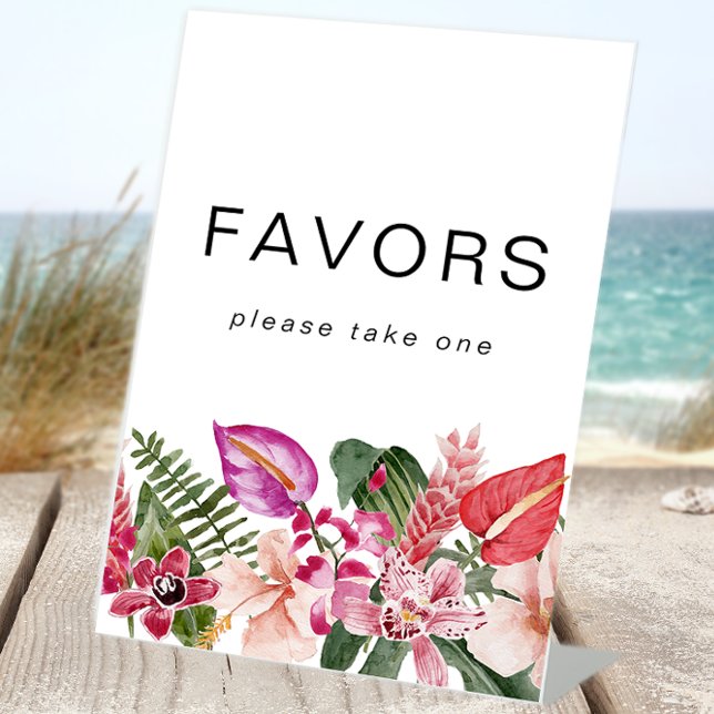 Tropische Blütenfavoriten Sockelschild (Elegant Tropical Floral Favors Pedestal Sign by Painted Paperie
)