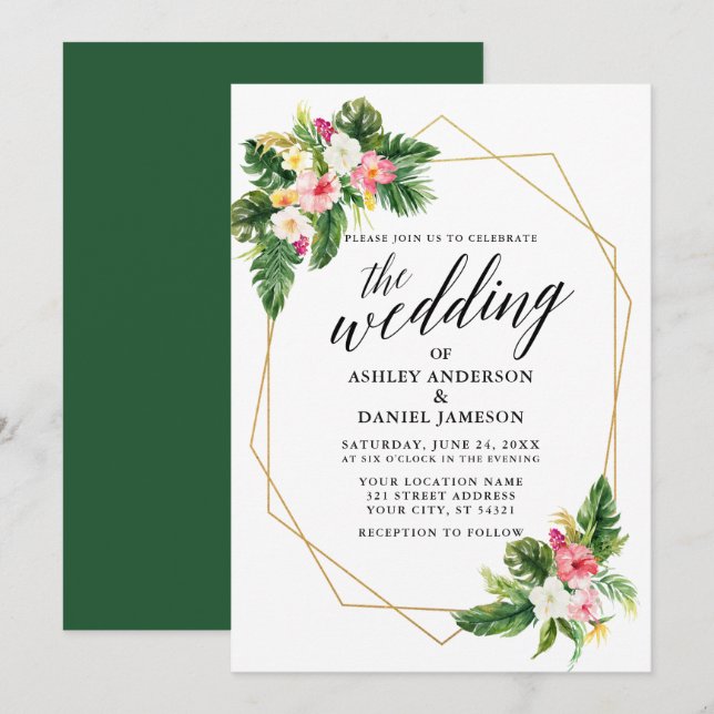 Tropische Blütenkalligraphie-Goldrahmen-Hochzeit Einladung (Vorne/Hinten)