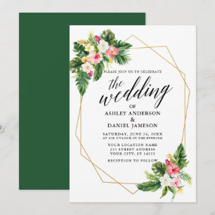 Tropische Blütenkalligraphie-Goldrahmen-Hochzeit Einladung