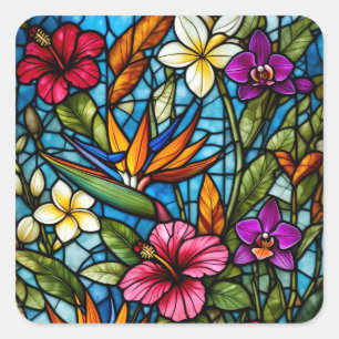 Tropische Blütenpracht in Bleiglas Bunte Blumenpra Quadratischer Aufkleber