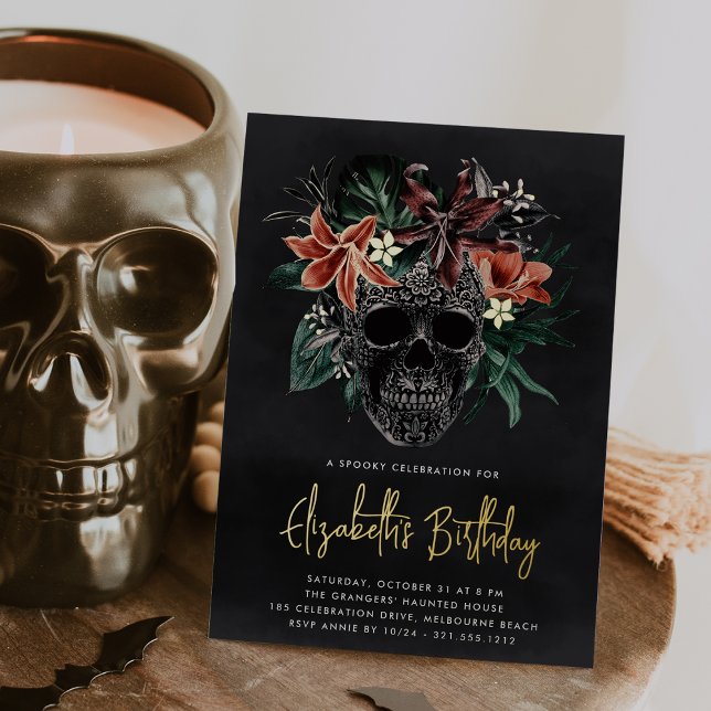 Tropische Blütenskull Halloween-Party Folieneinladung (Von Creator hochgeladen)