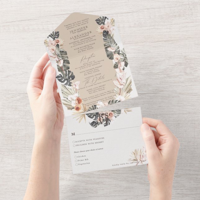 Tropische Bohemische Taupe Hochzeit All In One Einladung (Abreißtisch)