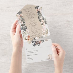 Tropische Bohemische Taupe Hochzeit All In One Einladung
