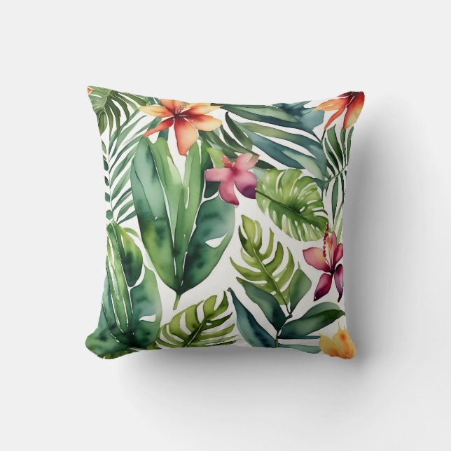 Tropische Botanicals Lebendes Aquarellblatt Kissen (Vorderseite)